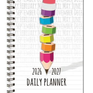 Colorful pencil-shaped daily planner for 2026-2027.