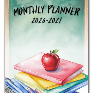 Colorful monthly planner for 2026-2027 with stacked books and a red apple.